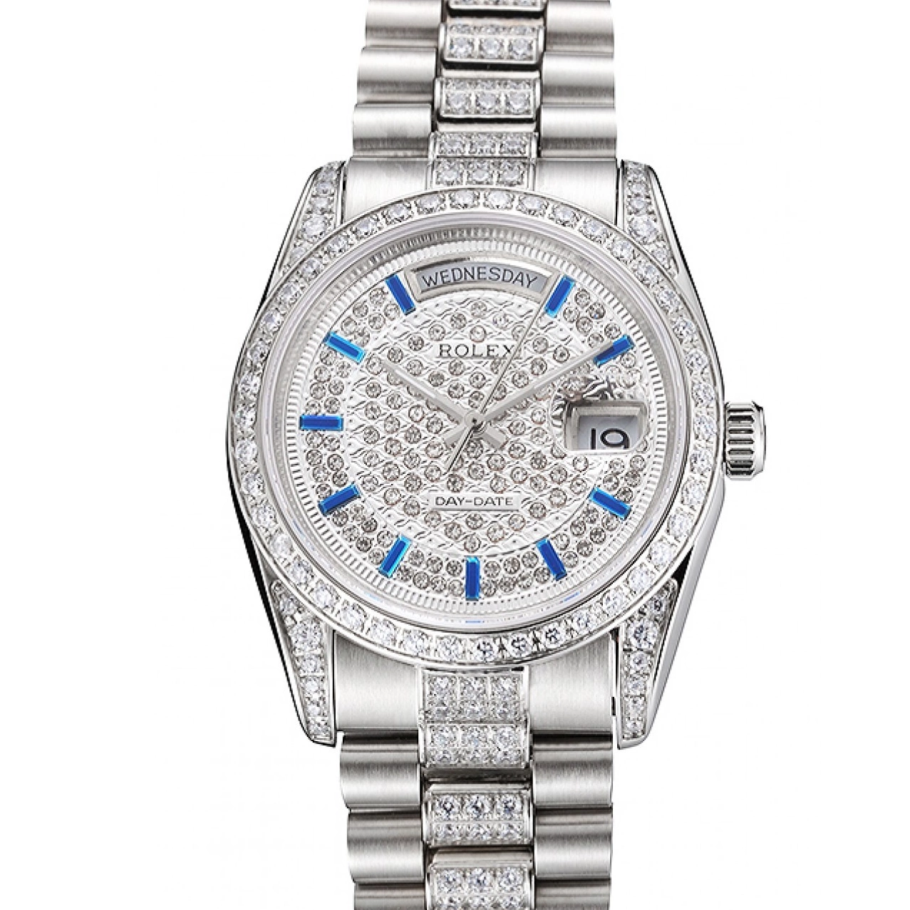 Aaa replica watch Bracelet Date Steel Bezel Rolex And Diamond Pave And Swiss Day Stainless Dial 0518